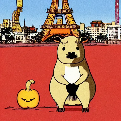 Prompt: capybara, akira style, wearing a headband, eating a pumpkin on top of the eiffel tower
