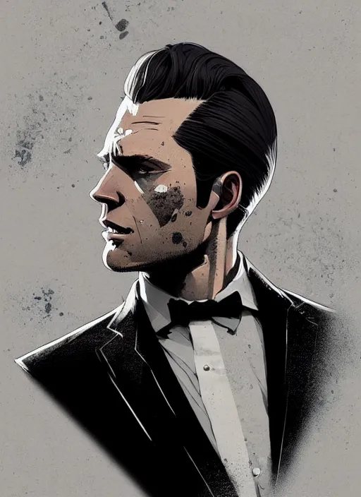 Prompt: highly detailed closeup portrait of tyrell wellick, slick back hair wearing suit by atey ghailan, by greg rutkowski, by greg tocchini, by james gilleard, by joe fenton, by kaethe butcher, gradient blue, black and white only color scheme, grunge aesthetic!!! ( ( graffiti tag wall background ) )