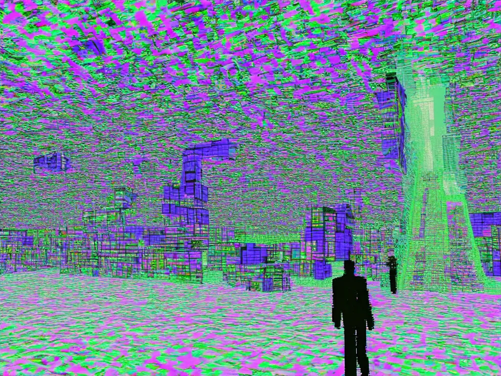 Prompt: vaporwave glitchy corrupt jpeg of a man walking in PS1 game city