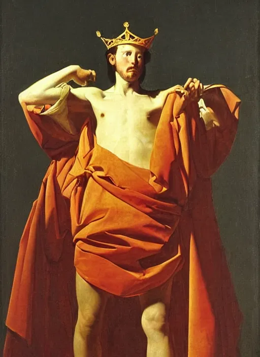 Image similar to the glorious sun king in the glorious court of france. art by georges de la tour and simon vouet, oil on canvas