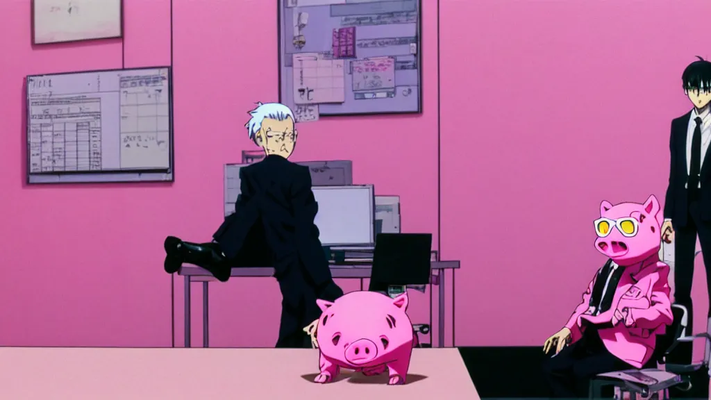 Image similar to a man wearing a pink suit and a pink pig mask sitting in an office, anime film still from the an anime directed by Katsuhiro Otomo with art direction by Salvador Dalí, wide lens