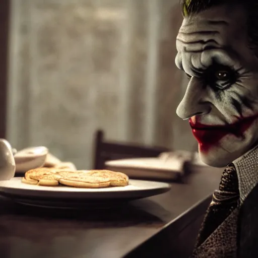 Prompt: cinematic shot of the joker sitting at a table in front of a plate of flour biscuits, 8 k, very detailed, very intricate,