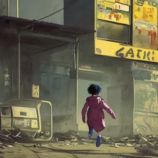 Image similar to incredible wide screenshot, ultrawide, simple watercolor, rough paper texture, ghost in the shell movie scene, backlit distant shot of girl in a parka running from a giant robot invasion side view, yellow parasol in deserted dusty shinjuku junk town, broken vending machines, bold graphic graffiti, old pawn shop, bright sun bleached ground, mud, fog, dust, windy, scary robot monster lurks in the background, ghost mask, teeth, animatronic, black smoke, pale beige sky, junk tv, texture, brown mud, dust, tangled overhead wires, telephone pole, dusty, dry, pencil marks, genius party,shinjuku, koji morimoto, katsuya terada, masamune shirow, tatsuyuki tanaka hd, 4k, remaster, dynamic camera angle, deep 3 point perspective, fish eye, dynamic scene