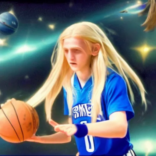 Prompt: live action still of porter robinson with long blonde hair in space jam, real life, hyperrealistic, ultra realistic, realistic, highly detailed, epic, hd quality, 8k resolution, body and headshot, film still