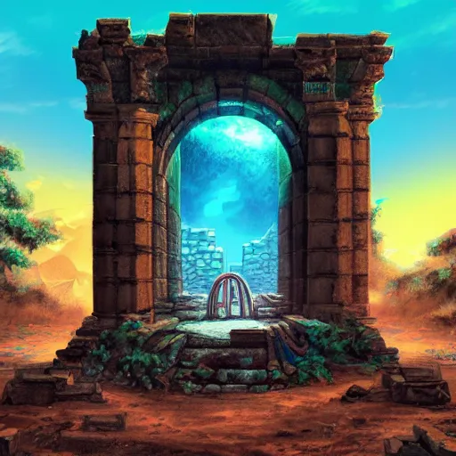 Image similar to a portal in the floor, ancient ruins, epic retrowave art, trending on art station