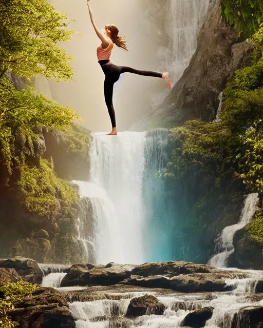 Prompt: a photo of emma watson standing in a yoga pose wearing short translucent skirt and translucent top standing underneath a waterfall, natural light :: trending on artstation, morning, photoreal, ue5