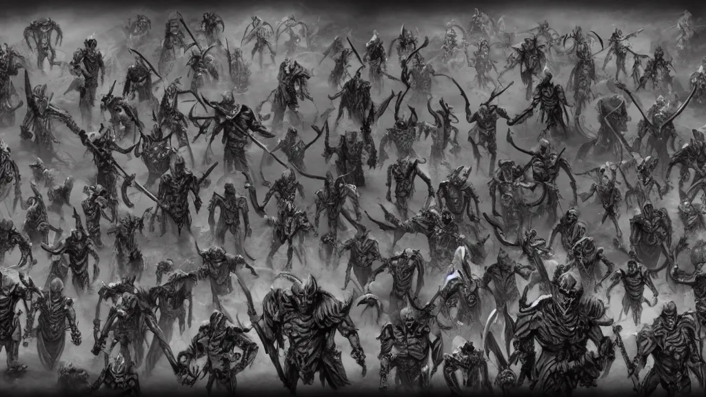 Image similar to A dungeons and dragons monster manual sketch of an army of skeleton warriors, concept art, matte painting, 8k, highly detailed, artstation