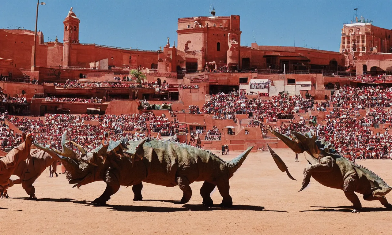 Image similar to a toreador facing off against a horned dinosaur in the plaza de toros, madrid. extreme long shot, midday sun, kodachrome