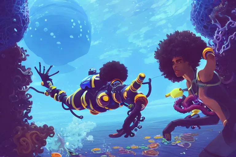 Prompt: afro - futurist scuba divers swimming away from a one - eyed tentacled monster | hyperrealistic digital painting by makoto shinkai, ilya kuvshinov, lois van baarle, rossdraws | afrofuturism in the style of hearthstone and overwatch, trending on artstation