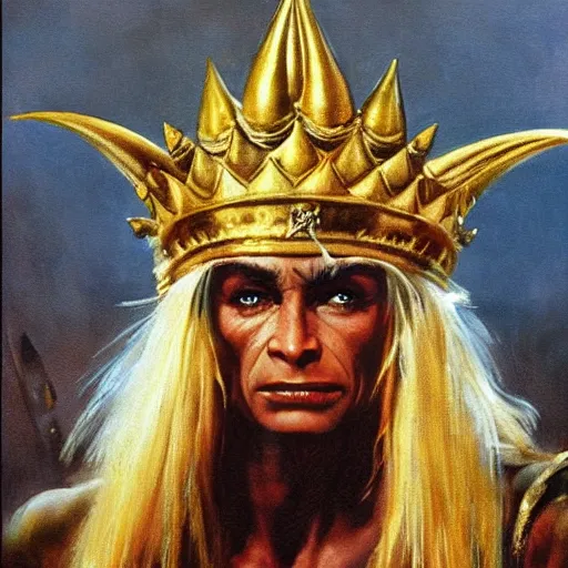 Image similar to The goblin king wearing a golden crown, painting by Frank Frazetta, detailed, 4k