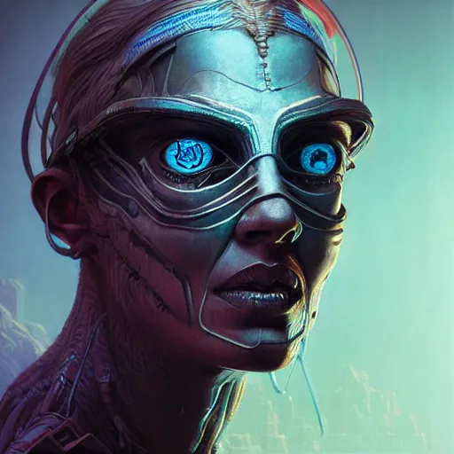 Image similar to a hyperrealistic 3 d render of a cyberpunk - hunter by artgerm, beksinski and geiger. intricate details. believable eyes. head and shoulders. front on, symmetrical. epic fantasy art. indian mythology