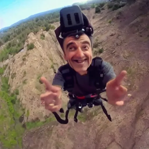 Prompt: GoPro video of Mr Bean base jumping close-up selfie