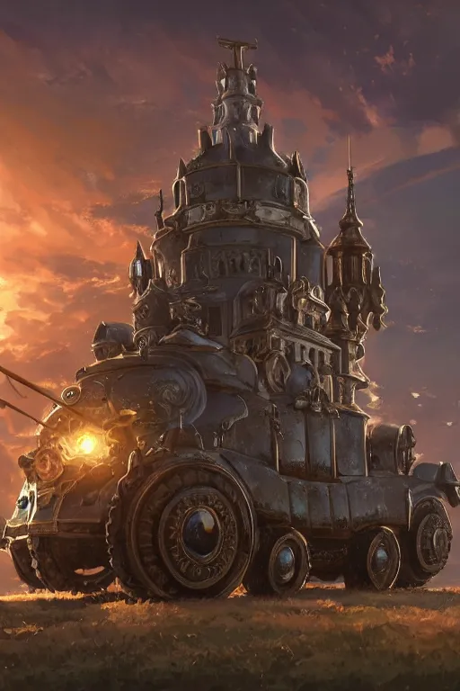 Image similar to a mobile driving ornate cathedral church as tower mounted on a tank with chain drive, warhammer 4 0, scene in an open field. key visual, conceptart, ambient lighting, highly detailed, digital painting, artstation, concept art, sharp focus, by makoto shinkai and akihiko yoshida and kris kuksi