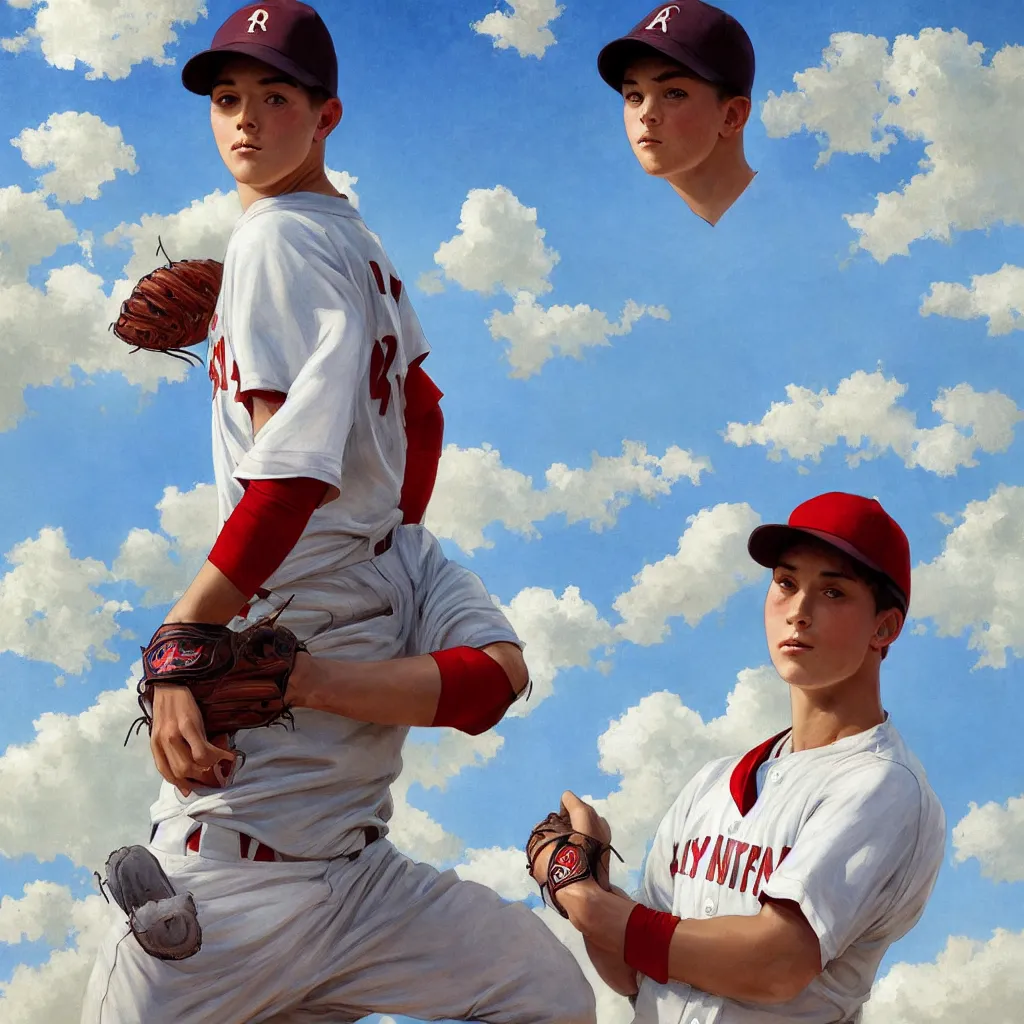 Prompt: portrait of a young baseball player, playing a baseball, blue sky and white clouds, male, gorgeous, red eyes, peaceful expression, detailed face, amazing, thighs, the feeling of summer, intricate, highly detailed, digital painting, artstation, concept art, sharp focus, illustration, art by greg rutkowski and alphonse mucha