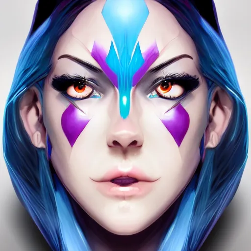 Image similar to face of jinx from arcane, centered, symmetrical, artgerm, artstation