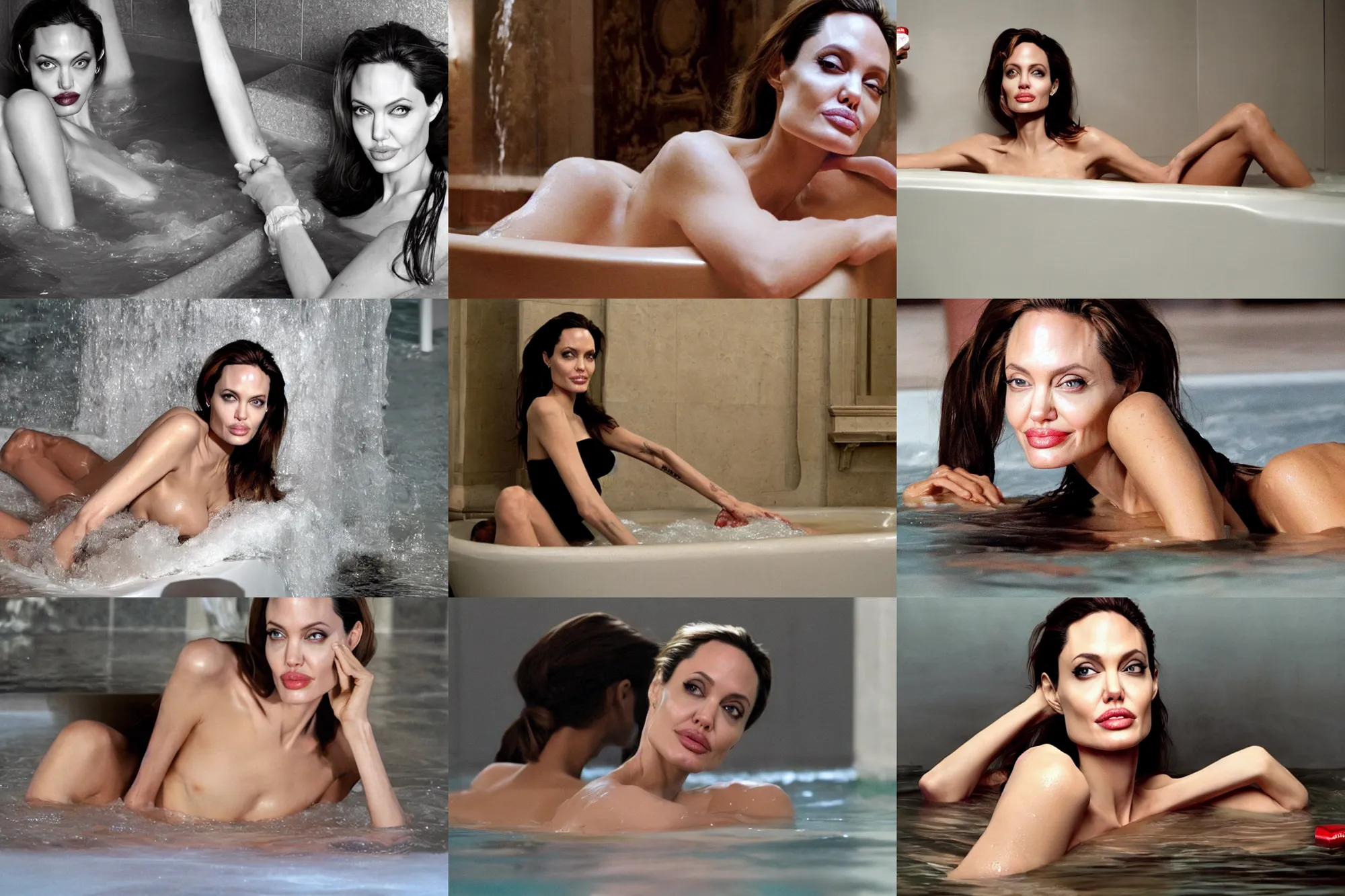 Prompt: angelina jolie lies in the bath, instead of water coca - cola with foam, by klaus burgle