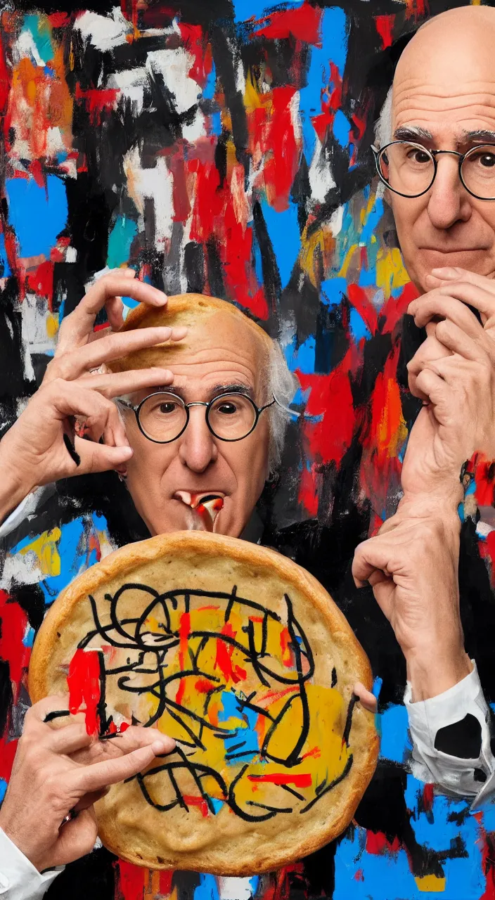 Image similar to larry david eating a bagel. style of a basquiat painting. hyper - realistic, 8 k, hd