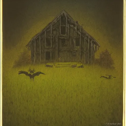 Image similar to a illustration of a eerie cabin in the middle of the woods in the style of beksinski