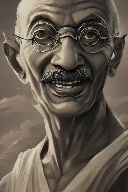 Image similar to a selfie of Mahatma Gandhi using his superpowers, fantasy, intricate, young and cute girl, highly detailed, digital painting, artstation, concept art, smooth, sharp focus, illustration