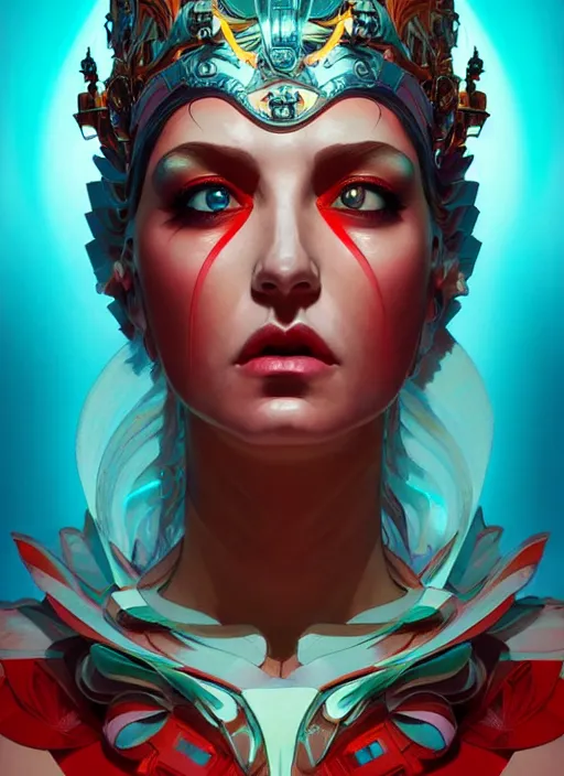 Prompt: the goddess hera looking angry, paper dress, volumetric lights, red and cyan theme, futuristic, intricate, highly detailed, digital painting, artstation, concept art, smooth, sharp focus, symmetric face, illustration, art by artgerm and greg rutkowski and alphonse mucha