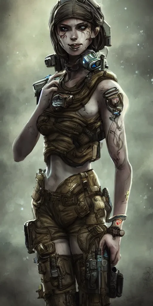 Image similar to beautiful female Siren, full round face, short smile, full body, post apocalyptic setting, futuristic, medium shot, mid-shot, highly detailed, trending on Artstation