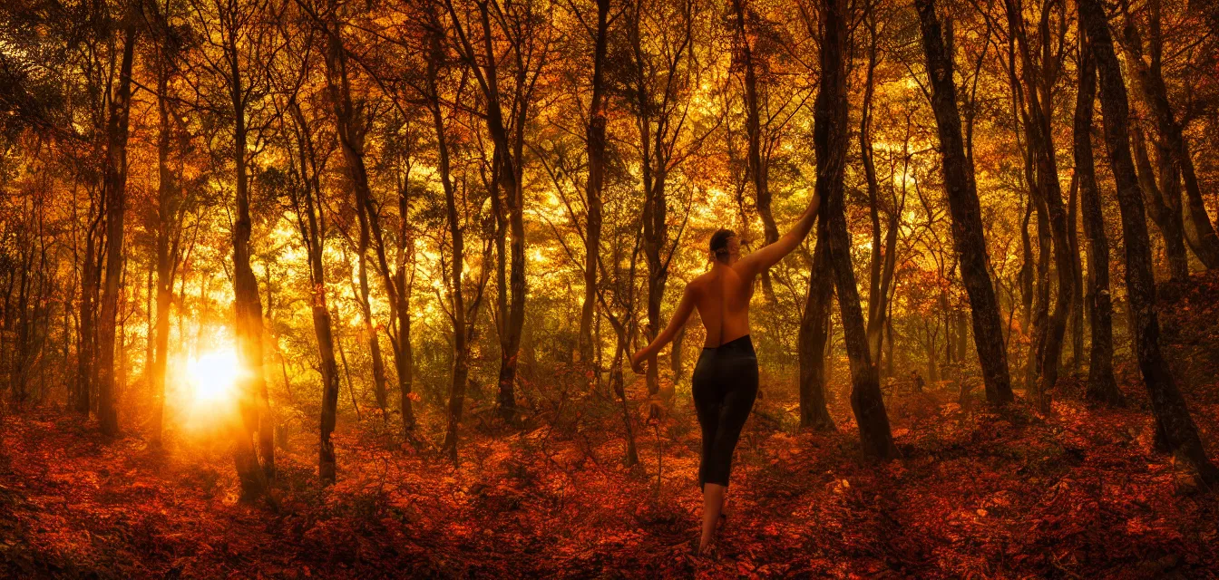 Prompt: bodyscapes. intense promiseful happiness, autumn sunrise warm hdri forest light