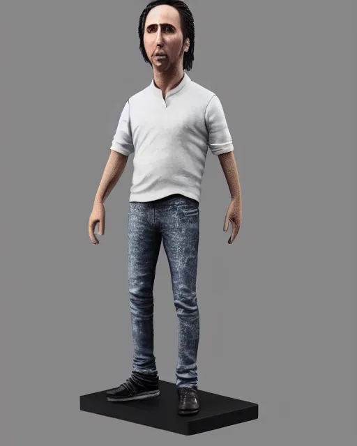 Prompt: full body 3d render of Nicolas Cage as a bobble head, studio lighting, white background, blender, trending on artstation, 8k, highly detailed , intricate details