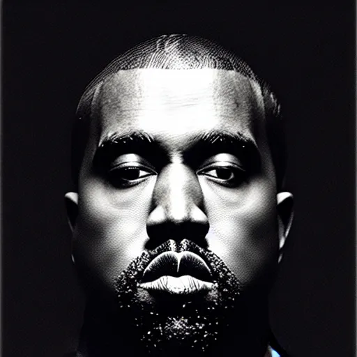 Image similar to a chiaroscuro lighting portrait of kanye west dressed as rick owens, black background, portrait by julia margaret cameron, shallow depth of field, 8 0 mm, f 1. 8