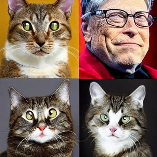 Image similar to Two Angry Cats, Grump Elon Musk Cat and Grumpy Bill Gates Cat, Cats with Humanlike faces, firm frown