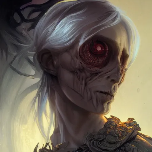 Prompt: portrait of an undead necromancer, D&D, fantasy, highly detailed, digital painting, artstation, smooth, sharp focus, illustration, art by artgerm and greg rutkowski and alphonse mucha