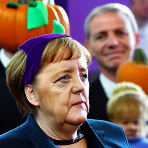 Image similar to angela merkel is the award winning pumpkin head of halloween.