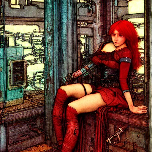 Image similar to redhead female cyberpunk, dreamin, wires cables skulls, machines, in the style of john william waterhouse, kilian eng, rosetti, john everett millais, william holman hunt, 4 k photo autochrome