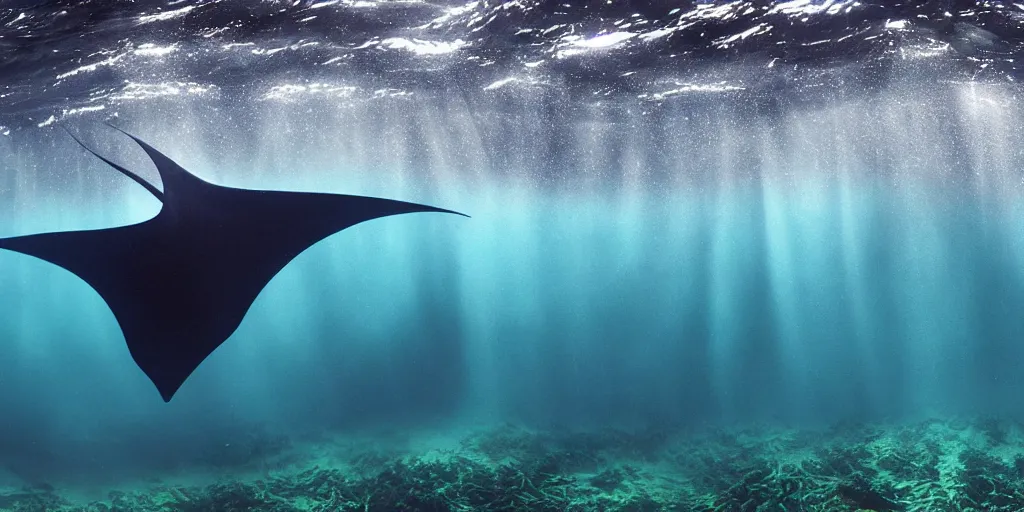 Image similar to hyperrealistic underwater photography, panoramic picture of an ocean floor with in the distance one single manta ray. focus on the manta ray. the manta ray is anatomically correct and highly detailed. the eyes are intricately detailed. there are lots of bubbles. seaweed and some rocks. gloomy scattered light entering from the water surface, trending on artstation, hq, 4 k