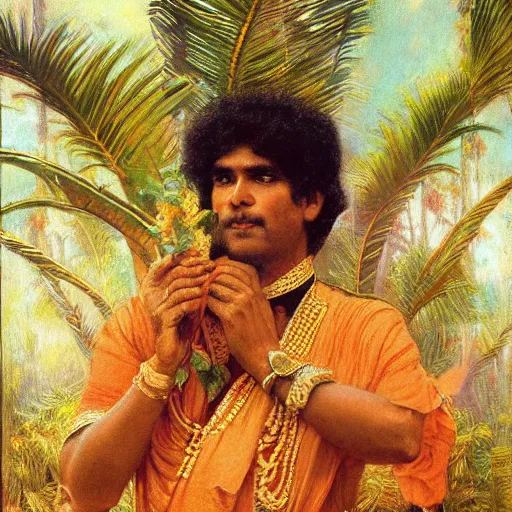 Image similar to srilankan traditional 8 0's man revolutionasing government, painting by gaston bussiere, craig mullins, j. c. leyendecker, lights, art by ernst haeckel, john william godward, hammershøi,,