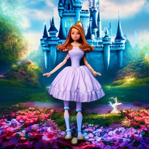 Image similar to beautiful alice full body doll figurine infront of castle, alice in wonderland theme, disney inspired, octane render, 8 k, ultra realistic, hd, cinematic lighting, fantasy landscape, artstation