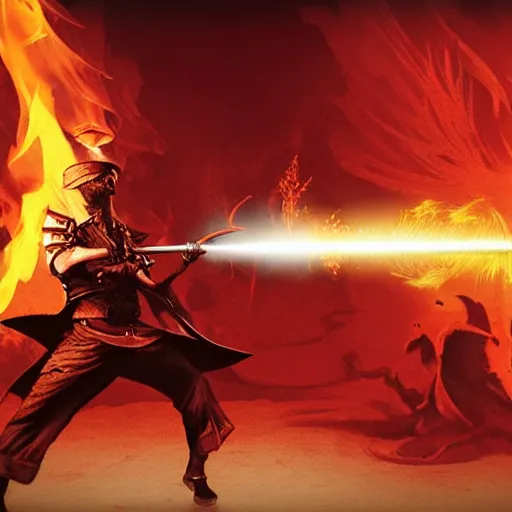 Image similar to a red fire is projecting the shadows of a sword fight between two pirates on a beige wall. high details, intricate, high quality digital art rendering.