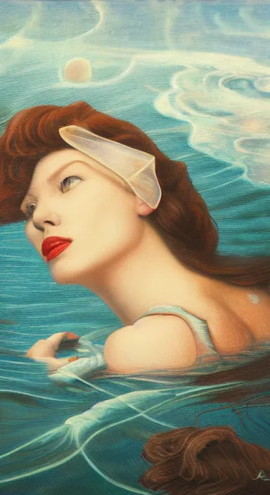 Image similar to a painting of a woman in a body of water, a fine art painting by jan tengnagel, trending on deviantart, pop surrealism, tarot card, pre - raphaelite, artwork