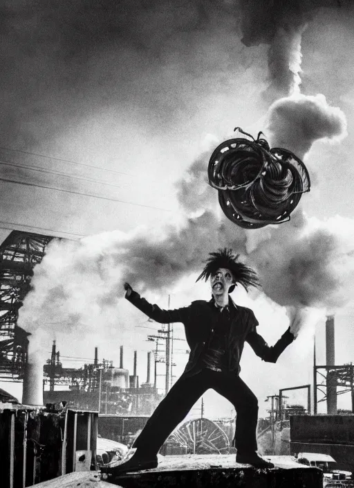 Prompt: an award winning photo of a 1980s punk holding up a huge industrial cog while being blasted with steam, photorealistic, background is abandoned power plant