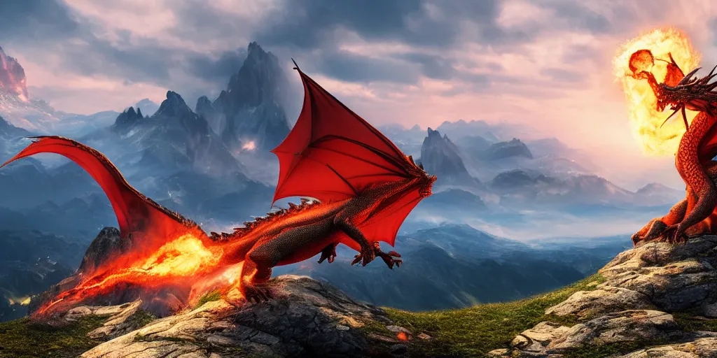 Prompt: a dragon breathing fire on the top of a mountain, epic composition, detailed and intricate image, cinematic, 4 k