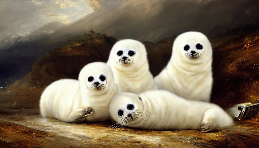 Image similar to highly detailed painting of cute furry white baby seals on an out of control car by william turner, by greg rutkowski, by william constable, thick brush strokes and visible paint layers, 4 k resolution