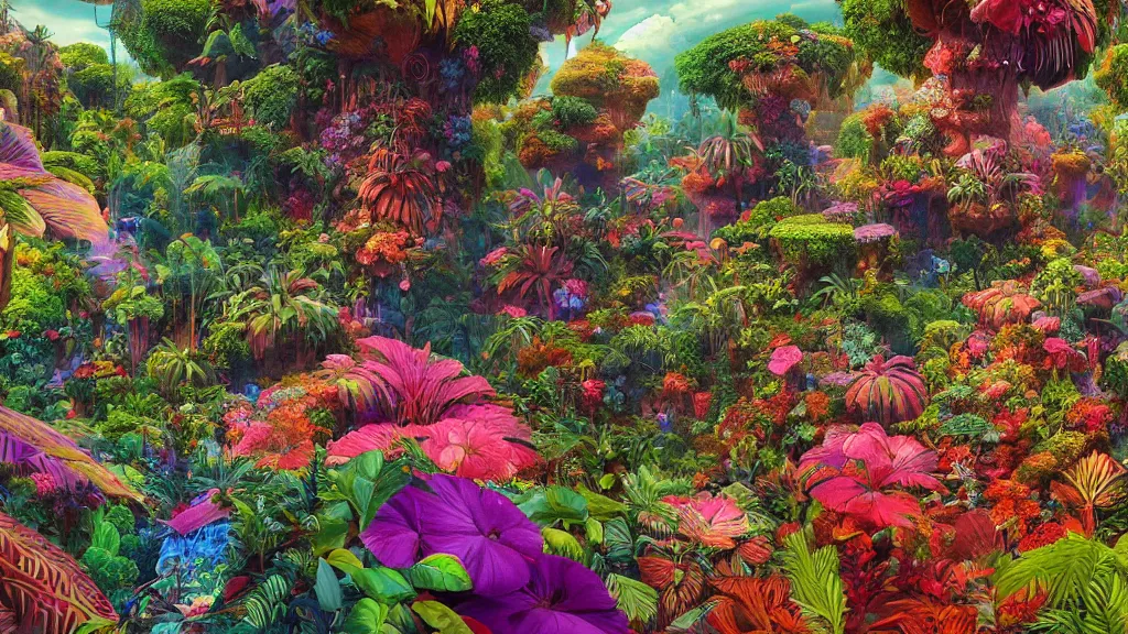 Prompt: first person perspective digital illustration of a vibrant fantasy jungle with vibrant flowers and plants by industrial light and magic:1|wide angle panoramic by beeple and Roger Dean, viewed from eye level:0.9|fantasy, cinematic:0.9|Unreal Engine, Octane, finalRender, devfiantArt, artstation, artstation HQ, behance, HD, 16k resolution:0.8