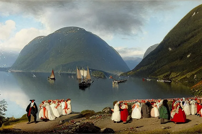 Image similar to the bridal procession on the hardangerfjord by hans gude, adolph tidemand