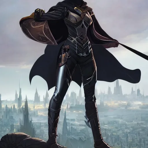 Prompt: cassandra cain in destiny hunter armor, wearing a hooded cloak, beautiful face!!!!, overlooking the last city on earth, solo, 2 7 years old, cg animation, realistic, character select portrait, by artgerm, greg rutkowski, alphonse mucha, 3 d