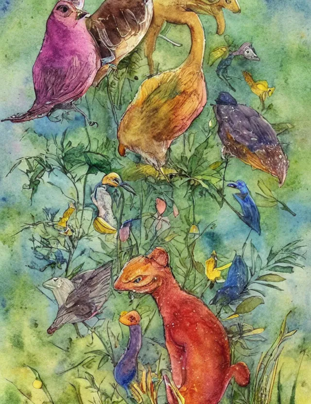 Prompt: deityof spring rain, in animal form. this watercolor and goldleaf work by the beloved children's book illustrator has interesting color contrasts, plenty of details and impeccable lighting.