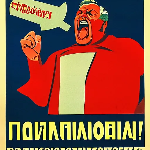 Image similar to soviet propaganda poster of an angry communist developer yelling at his computer