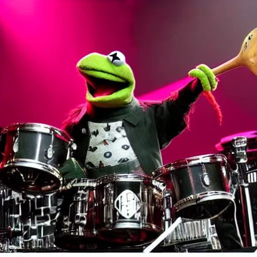 Prompt: kermit the frog playing drums in slipknot, concert photography pyrotechnics, live music photography, associated press