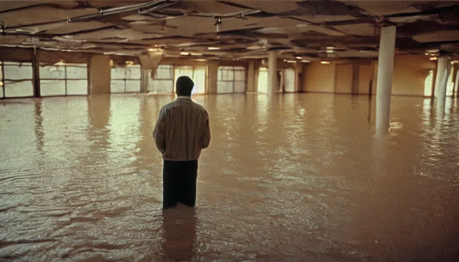 Prompt: 7 0 s movie still of an old man standing in a soviet ballroom flooded in mud, cinestill 8 0 0 t 3 5 mm, heavy grain, high quality, high detail