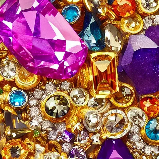 Image similar to piles of gold, colorful crystals and gems, and the most beautiful of all. canon, octane, high detail.