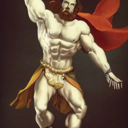 Image similar to a muscular white heroic man riding a giant bird