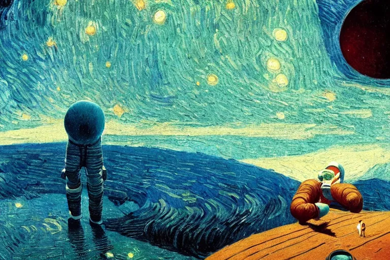 Image similar to an astronaut in a pool from Jupiter, beautiful, national geographic, very detailed, astrophotography, oil painting, canvas, Vincent van Gogh, Caspar David Friedrich, Albert Bierstadt